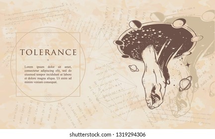 Tolerance. Black and white hands in space. Renaissance background. Medieval manuscript, engraving art 