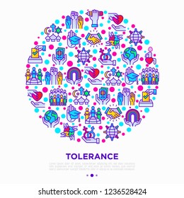 Tolerance concept in circle with thin line icons: gender, racial, religious, sexual orientation, interclass, for disability, respect, self-expression, democracy. Vector illustration for print media.