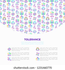 Tolerance concept with thin line icons: gender, racial, national, religious, sexual orientation, disability, respect, self-expression, human rights, democracy. Vector illustration, web page template.