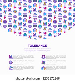 Tolerance concept with thin line icons: gender, racial, national, religious, sexual orientation, disability, respect, self-expression, human rights, democracy. Vector illustration, web page template.