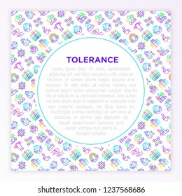 Tolerance concept with thin line icons: gender, racial, national, religious, interclass, for disability, respect, self-expression, human rights, democracy. Vector illustration, print media template.