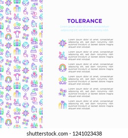 Tolerance concept with thin line icons: gender, racial, national, religious, sexual orientation, educational, interclass, for disability, human rights. Vector illustration, print media template.