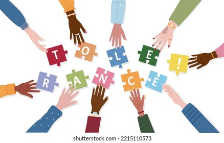 Tolerance Day. Female and male arms holding puzzle. Hand of African people. Black skin. World team. Freedom and racial equality. Persons group connect jigsaw. Vector utter background