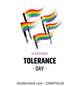 Tolerance Day Logo. Bright Hand Drawn Illustration Isolated On White Background - Rainbow Textured Flags With Text. Gay Pride LGBT Symbol.