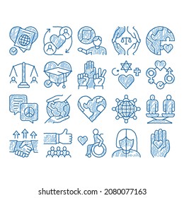 Tolerance And Equality sketch icon vector. Hand drawn blue doodle line art Tolerance For Different Religion And Race, People With Disabilities And Gender Illustrations