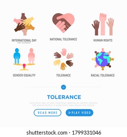 Juego de iconos planos de tolerancia: igualdad de género, vidas negras importan, protestas, derechos humanos, globalización. Ilustración vectorial.