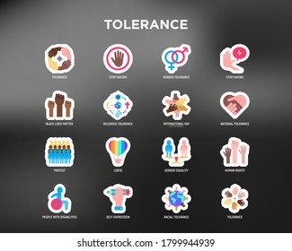 Tolerance flat icons set: stop racism, gender equality, black lives matter, protest, human rights, LGBTQ, globalization, self-expression, stop hating. Vector illustration.