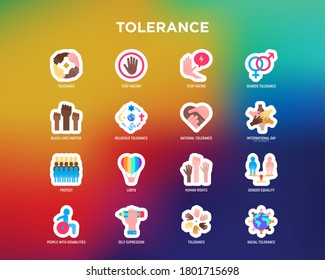 Tolerance flat icons set: stop racism, gender equality, black lives matter, protest, human rights, LGBTQ, globalization, self-expression, stop hating. Vector illustration.