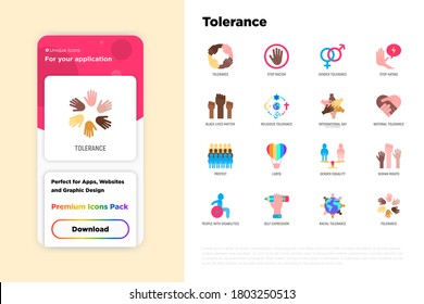 Tolerance flat icons set: stop racism, gender equality, black lives matter, protest, human rights, LGBTQ, globalization, self-expression, stop hating. Vector illustration.