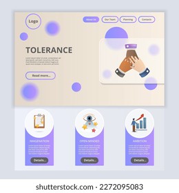 Tolerance flat landing page website template. Imagination, open-minded, ambition. Web banner with header, content and footer. Vector illustration.