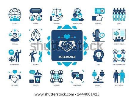 Tolerance icon set. Multicultural, Minority Rights, Diversity, Violence, Religion, Reciprocity, Politics, Opinion. Duotone color solid icons