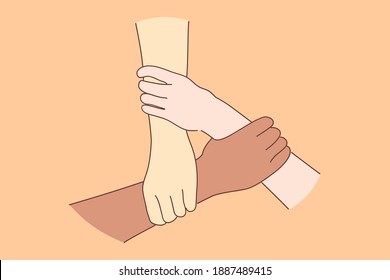 Tolerance, multiracial group, antiracism concept. Hands of black asian caucasian people holding each other as symbol of unity support love and international team vector illustration 