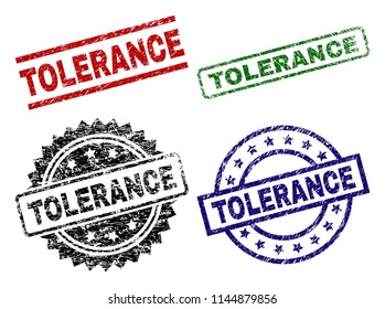 TOLERANCE seal prints with corroded style. Black, green,red,blue vector rubber prints of TOLERANCE text with corroded style. Rubber seals with round, rectangle, rosette shapes.