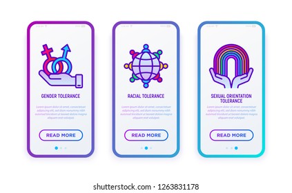 Tolerance thin line icons set: gender, racial, sexual orientation. Vector illustration for user mobile interface.