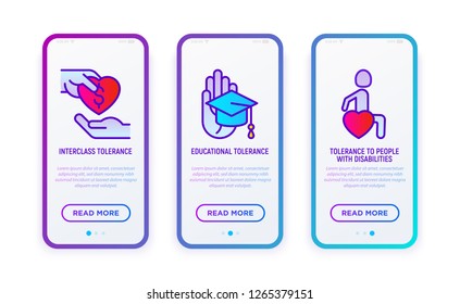 Tolerance thin line icons set: educational, interclass, for disability. Vector illustration for user mobile interface.