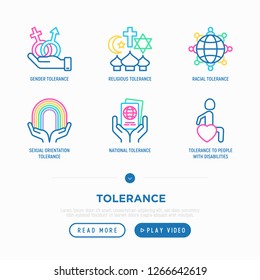 Tolerance thin line icons set: gender, racial, national, religious, sexual orientation, for disability. Vector illustration.