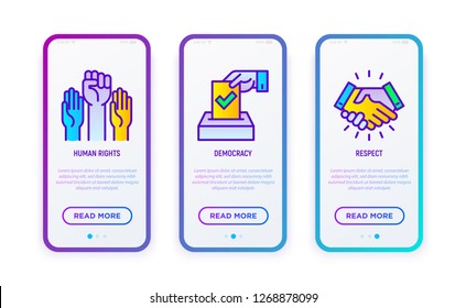 Tolerance thin line icons set: democracy, respect, human rights. Vector illustration for user mobile interface.