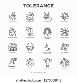 Tolerance Thin Line Icons Set: Gender, Racial, National, Religious, Sexual Orientation, Educational, Interclass, For Disability, Respect, Self-expression, Human Rights, Democracy. Vector Illustration.