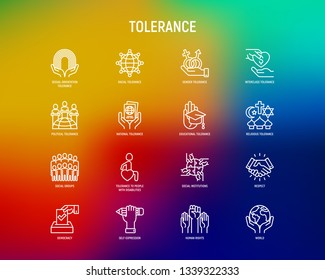 Tolerance thin line icons set: gender, racial, national, religious, sexual orientation, educational, interclass, for disability, respect, self-expression, human rights, democracy. Vector illustration.