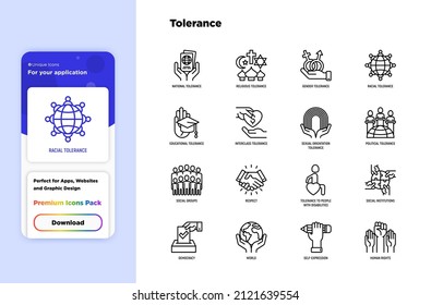 Tolerancia conjunto de iconos de línea delgada: género, raza, nacionalidad, religión, orientación sexual, educación, interclase, discapacidad, respeto, autoexpresión, derechos humanos, democracia. Ilustración vectorial.