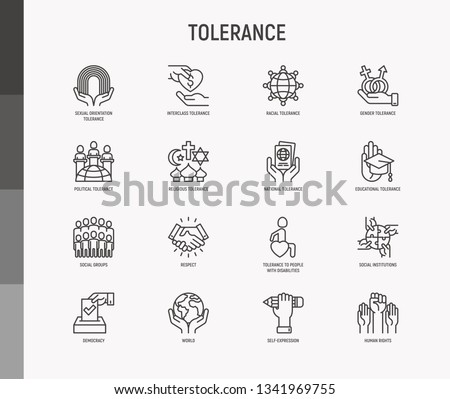 Tolerance thin line icons set: gender, racial, national, religious, sexual orientation, educational, interclass, for disability, respect, self-expression, human rights, democracy. Vector illustration.