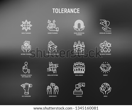 Tolerance thin line icons set: gender, racial, national, religious, sexual orientation, educational, interclass, for disability, respect, self-expression, human rights, democracy. Vector illustration.