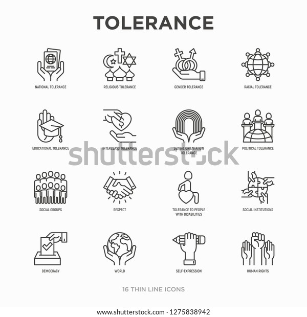 Tolerance thin line icons set: gender,\
racial, national, religious, sexual orientation, educational,\
interclass, for disability, respect, self-expression, human rights,\
democracy. Vector\
illustration.