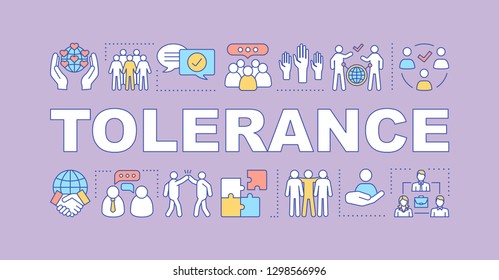 Banner de conceptos de palabra tolerancia. Responsabilidad social corporativa. Tipografía con letras aisladas con iconos lineales. Colegas. Relaciones en el lugar de trabajo. Entorno corporativo. Ilustración del vector