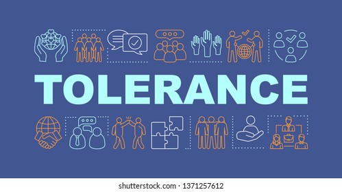 Tolerance word concepts banner. Social corporate responsibility. Workplace relationships. Isolated lettering typography with linear icons. Colleagues. Corporate environment. Vector illustration