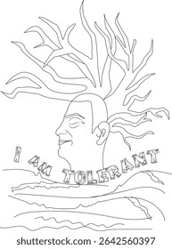 I Am Tolerant Affirmation Line Art, Black and white line art illustration depicting a profile view of a person's head with abstract organic shapes and wavy lines, featuring the affirmation text I AM