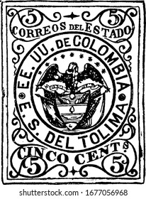 Tolima, Colombian Republic Stamp (5 centavos) from 1871, a small adhesive piece of paper was stuck to something to show an amount of money paid, vintage line drawing or engraving illustration.