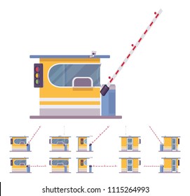 Toll booth with barrier. Gate on road, highway, bridge for car drivers to stop, pay toll. City street beautification, urban design concept. Vector flat style cartoon illustration, different positions