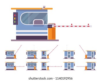Toll Booth With Barrier. Gate On Road, Highway, Bridge For Car Drivers To Stop, Pay Toll. City Street Beautification, Urban Design Concept. Vector Flat Style Cartoon Illustration, Different Positions