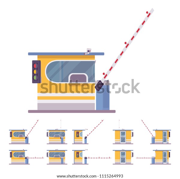 Toll booth with barrier. Gate on road, highway,\
bridge for car drivers to stop, pay toll. City street\
beautification, urban design concept. Vector flat style cartoon\
illustration, different\
positions