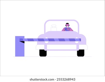 Cabine De Portagem E Carro Em Ilustração De Vetor Plano Simbolizando Viagens De Estrada, Sistemas De Pagamento E Transporte, Isolados Em Fundo Branco.