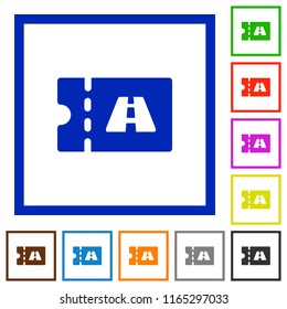 Toll discount coupon flat color icons in square frames on white background