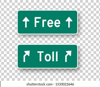 Toll and free road signs isolated vector design elements. Highway green boards collection on transparent background