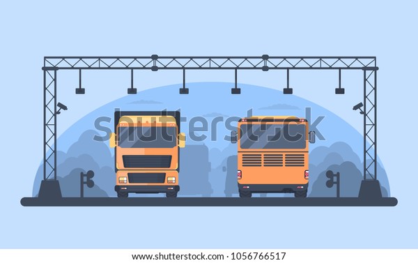 Toll gate construction on highway. Arch for\
automatic charging on a pay road. High-occupancy toll lane. Lorry\
and buson road. Vector\
illustration.