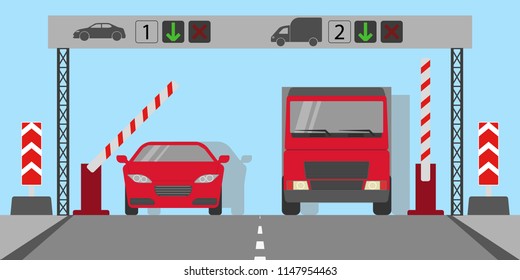 Toll road with cars traffic checkpoint vector illustration