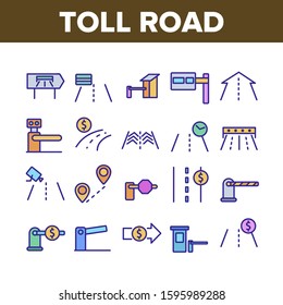 Toll Road Highway Collection Icons Set Vector Thin Line. Toll Expressway With Barrier Gate, Electronic Board And Video Camera Concept Linear Pictograms. Monochrome Contour Illustrations