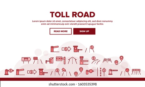 Toll Road Highway Landing Web Page Header Banner Template Vector. Toll Expressway With Barrier Gate, Electronic Board And Video Camera Illustration