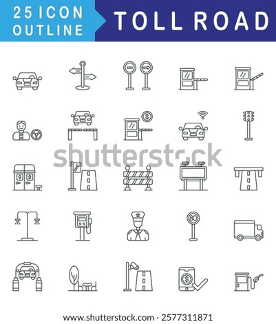 Toll Road icon set collection. Consist of Car, Direction sign, Traffic sign, Toll gate, Payment toll, Digital payment. Simple vector outline illustration.