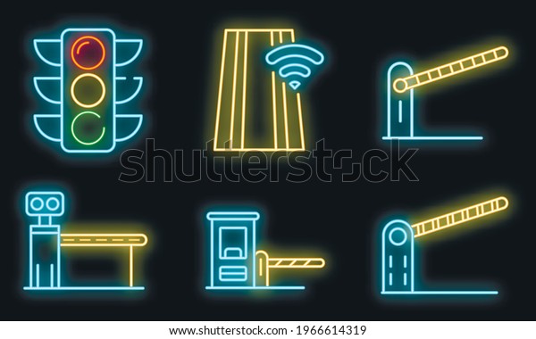 Toll road icons set. Outline set of toll road\
vector icons neon color on\
white