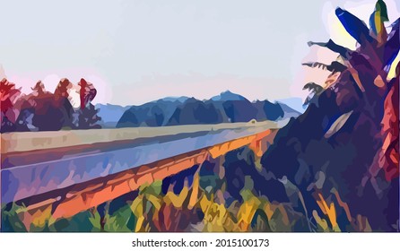 toll road landscape painting, with a beautiful background 