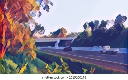 toll road landscape painting, with a beautiful background 