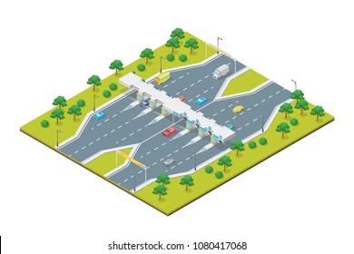 Toll Road Payment Concept 3d Isometric View Payment Gate Entrance System for Roadway and Expressway. Vector illustration