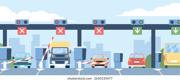 Sistema de portagem rodoviária. Carros cruzando e pagando pela rodovia. Motoristas de carro e ônibus pagando em ponto de controle para viagem. Rodovias toll recente ilustração vetorial