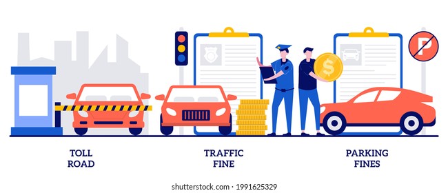 Toll Road, Traffic And Parking Fine Concept With Tiny People. Driving Rules Violation Vector Illustration Set. Tollway Fee, Speeding Ticket, No Parking Zone, Penalty Notice, Pass Card Metaphor.