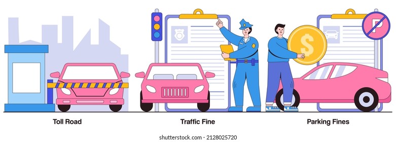 Toll Road, Traffic And Parking Fine Concept With People Characters. Driving Rules Violation Vector Illustration Pack. Speeding Ticket, Financial Punishment, Penalty Notice, Pass Card Metaphor.