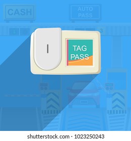 Toll tag trip security IOT receiver transmitter smart network data sign charge fee auto city easy cash exit rush hurry hours travel paid card NFC RFID jam money signal urban car fast pay way delay